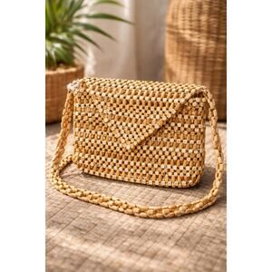 Wooden Beaded Clutch Crossbody Purse Gold Universal Thread Handbag